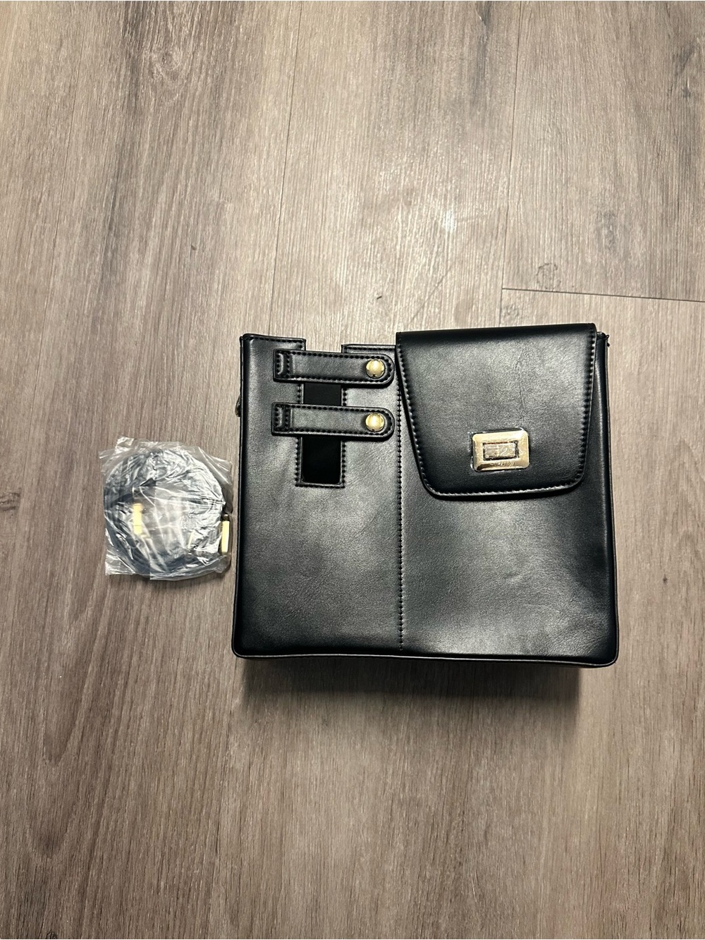 Black Structured Crossbody Bag with Gold Accent